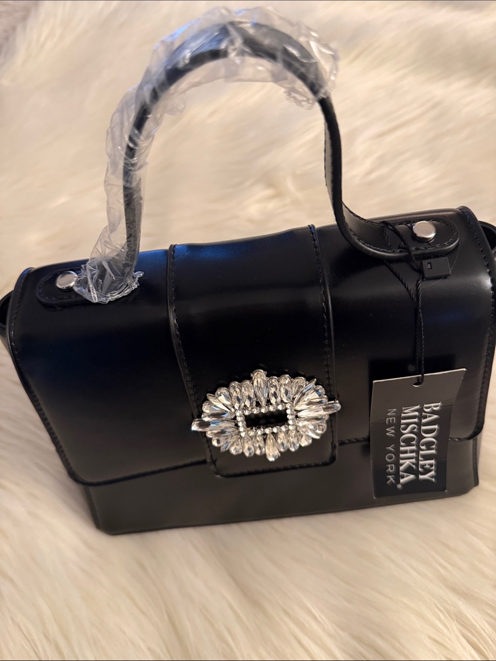 Badgley Mischka Black Top-Handle Satchel with Crystal Buckle NWT